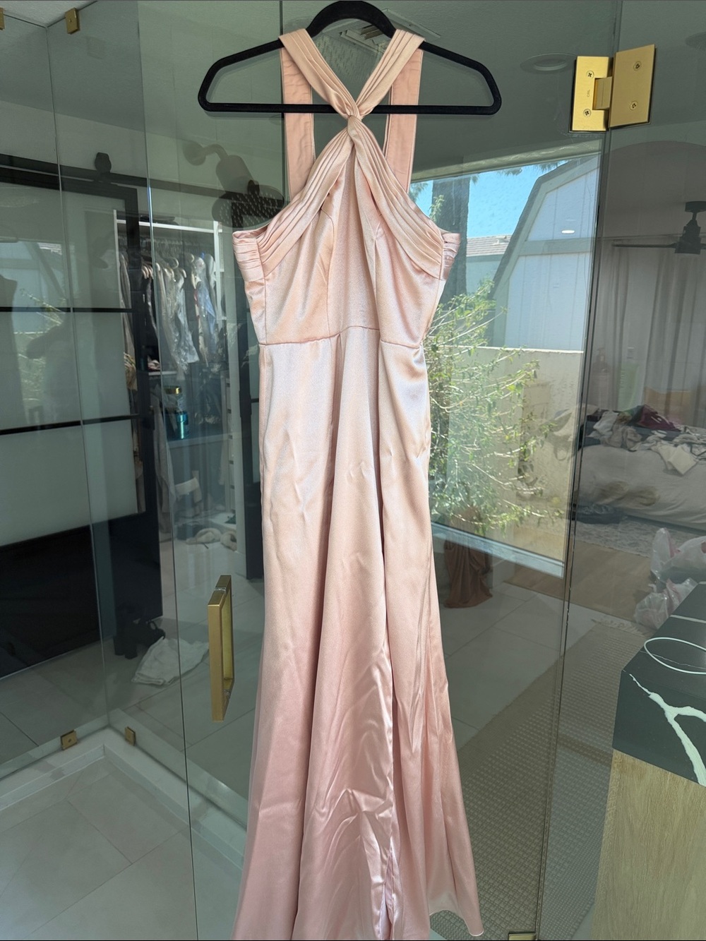 AZAZIE BRIDESMAID Twist-Back Satin Gown in Blush Pink